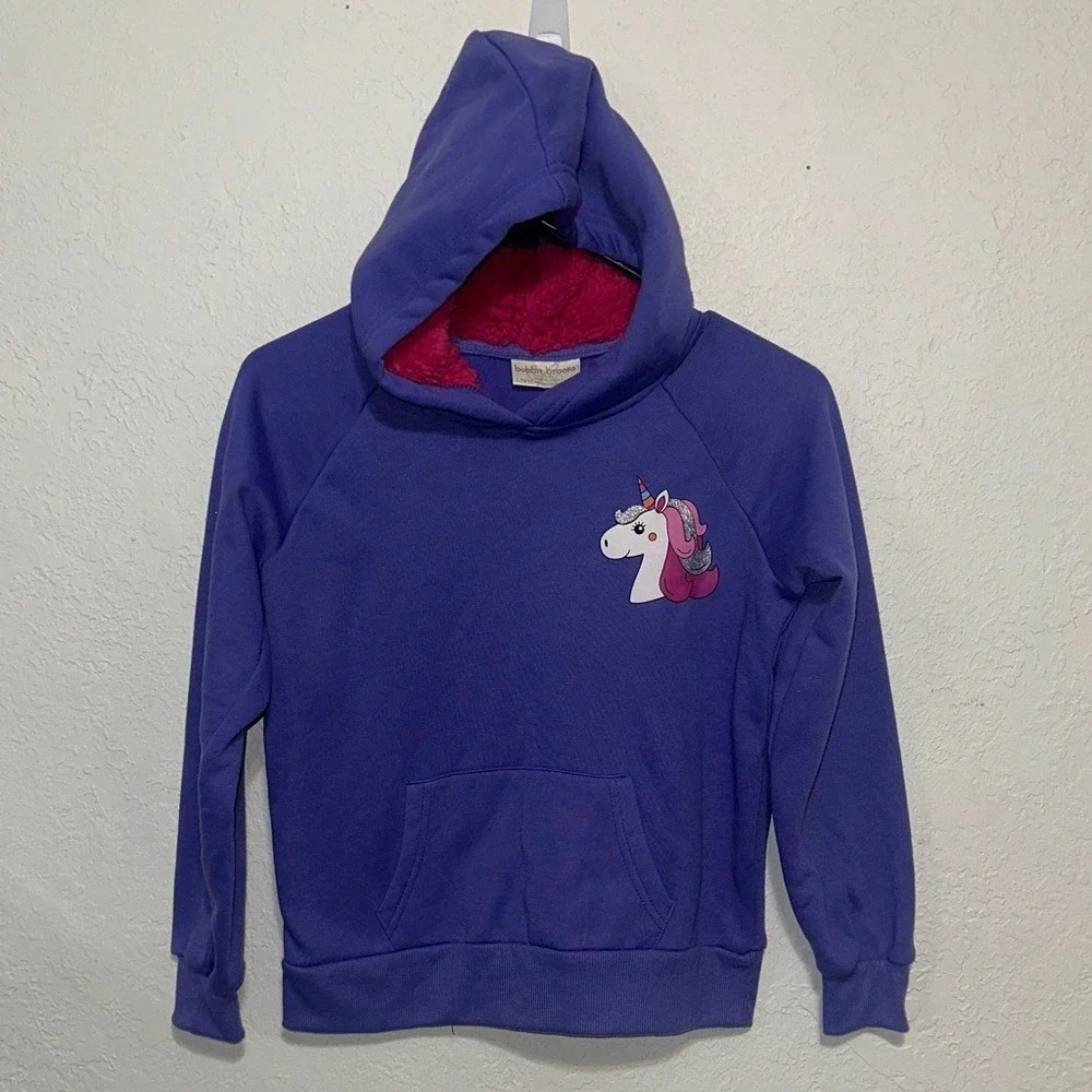 Bobbie Brooks Girls Purple Unicorn Hoodie Pink Sherpa Lined Hood Size L 10/12